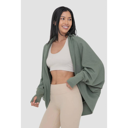 Open Front Dolman-Sleeved Shawl - Army Green