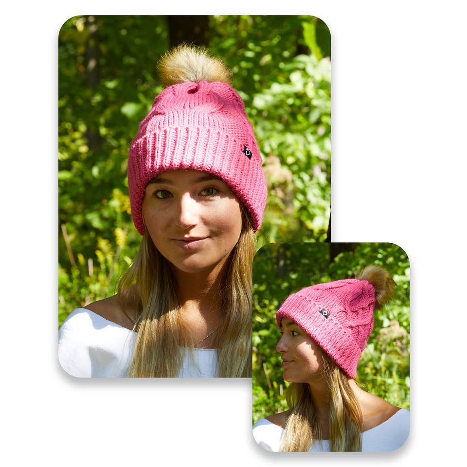 Oversized Cable Knit Faux Fur Pom Beanie - Candy Pink