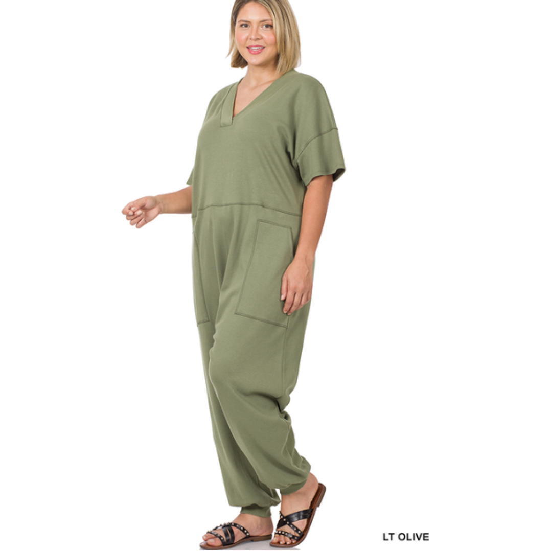 Curvy Short Sleeve Harem Jumpsuit - Olive Green