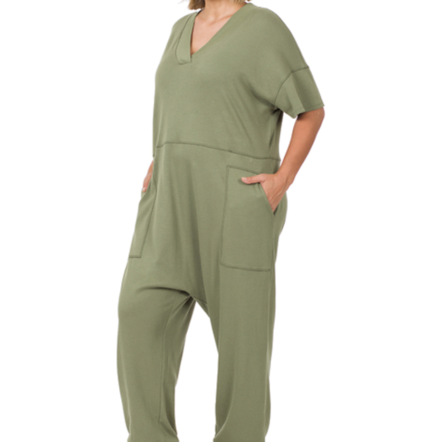 Harem Jumpsuit - Olive Green - Plus Size - Jogger - Pockets - Comfy - Soft