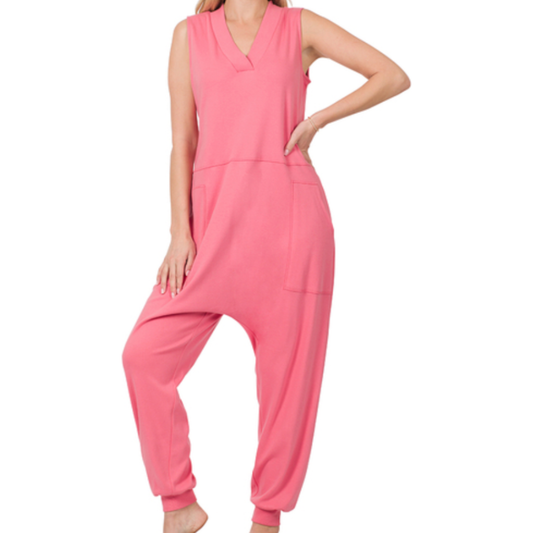 Harem Jumpsuit - Pink  - Sleeveless - Plus Size - Soft - Comfy