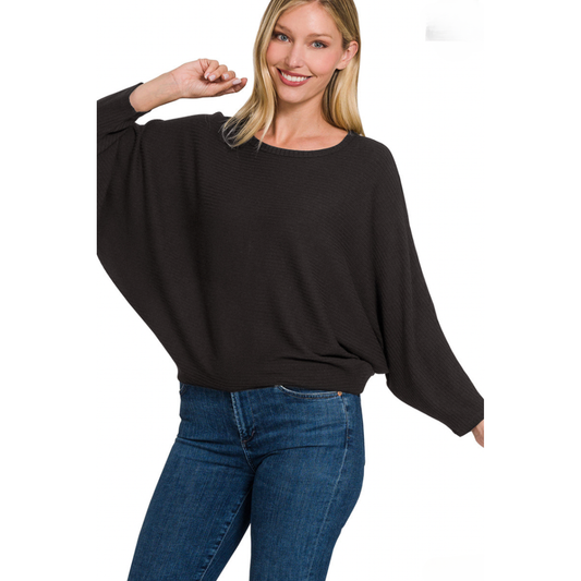 Batwing Sweater - Black - Lightweight - Plus Size - Boatneck - Ribbed