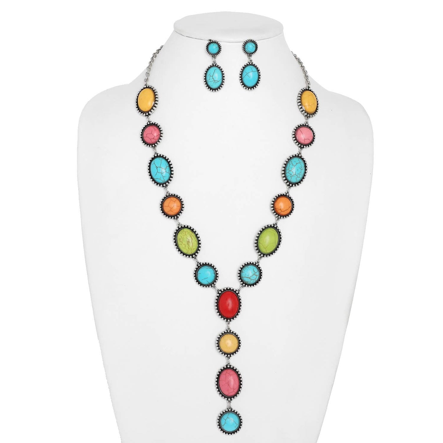 Oval Concho Turquoise Lariat Necklace Set