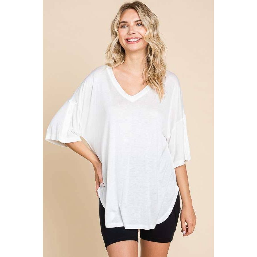 Exposed Seam Button Sleeve Top- White