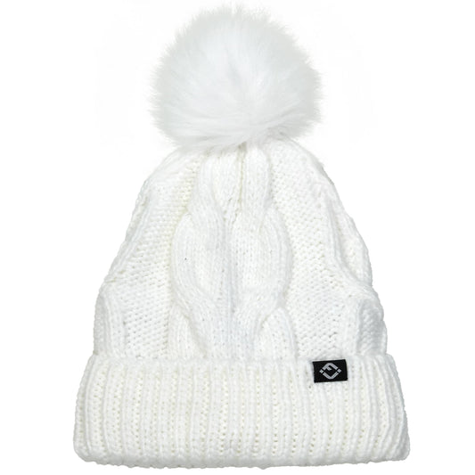 Oversized Cable Knit Faux Fur Pom Beanie - White